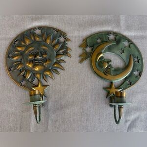 PartyLite Sun and Moon Metal Wall candle sconces Green Patina with Gold Accents